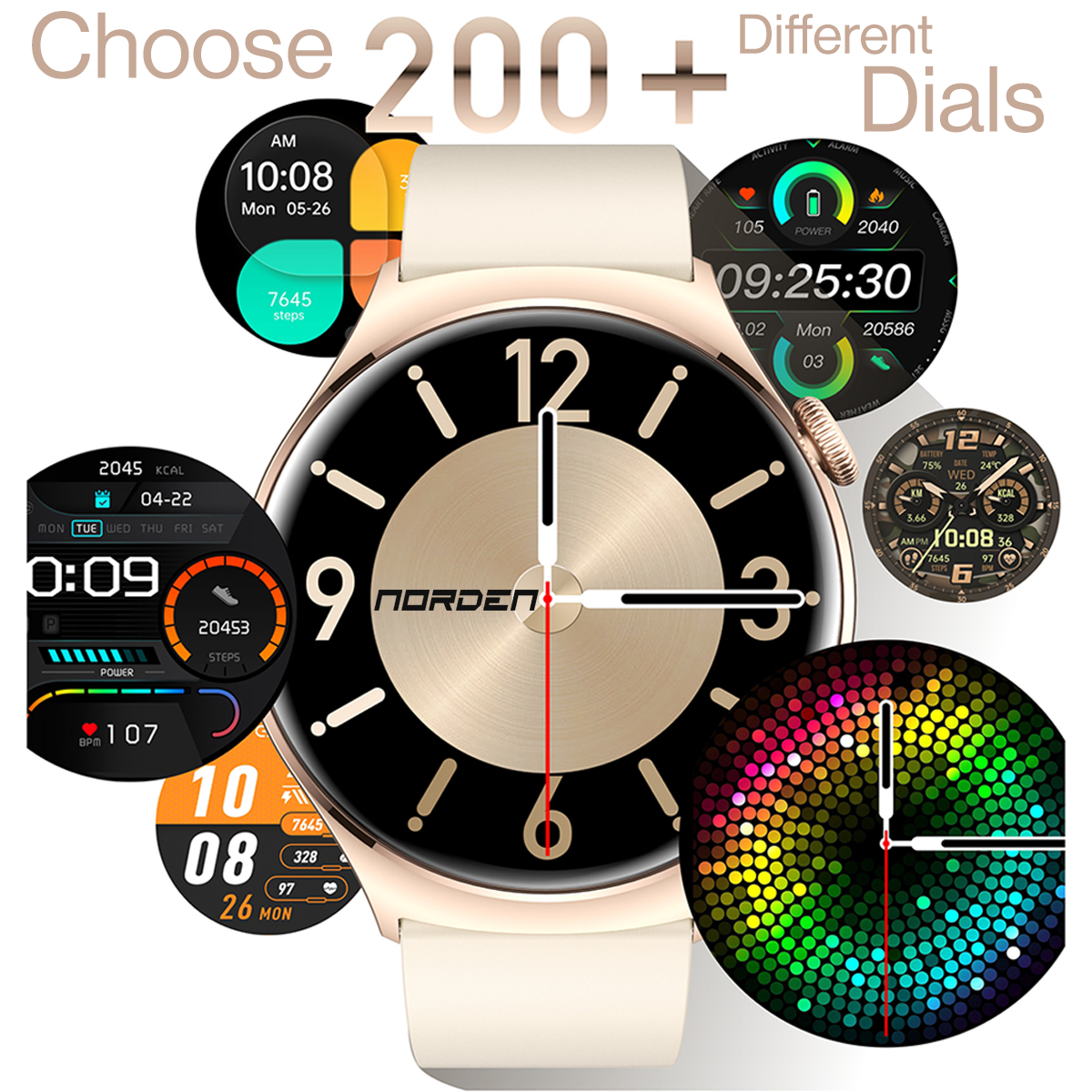 Norden Aspire Smart Watch, 1.43" AMOLED Display, Heart Rate, Oxygen Monitoring, IP68 Waterproof, Bluetooth 5.2, Fitness Tracker with AI Voice Assistant, Music Control, and 7-Day Standby Time - Gold