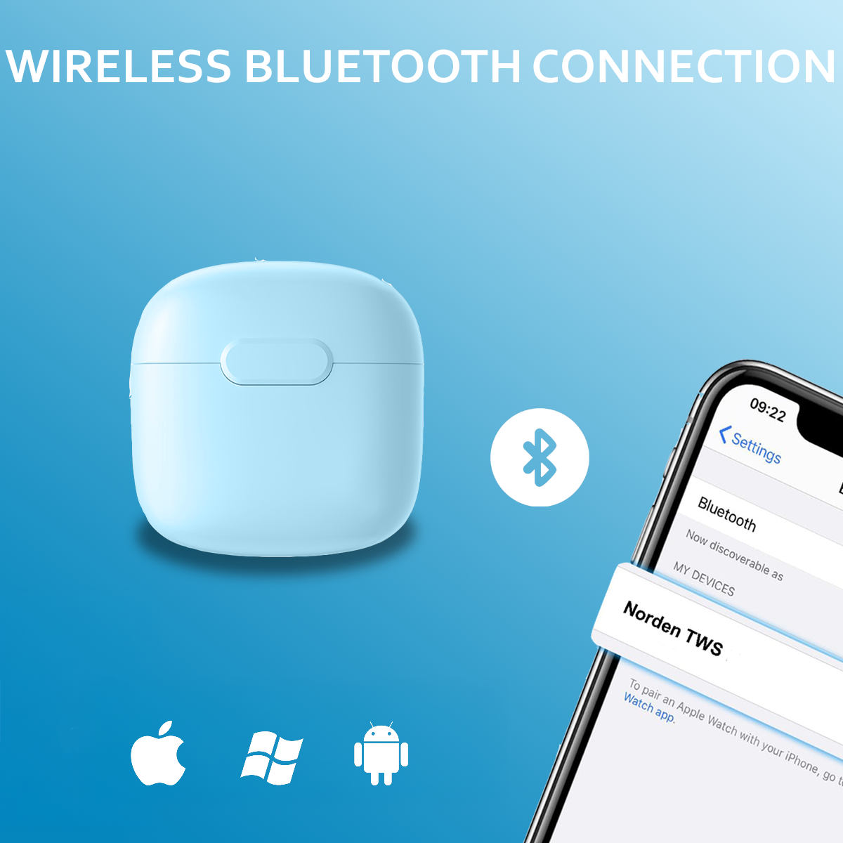 Norden Echo TWS Bluetooth Earphones – True Wireless, Bluetooth 5.0, Charging Case, 10m Range, Type-C Charging, Compatible with Android & iOS - Blue