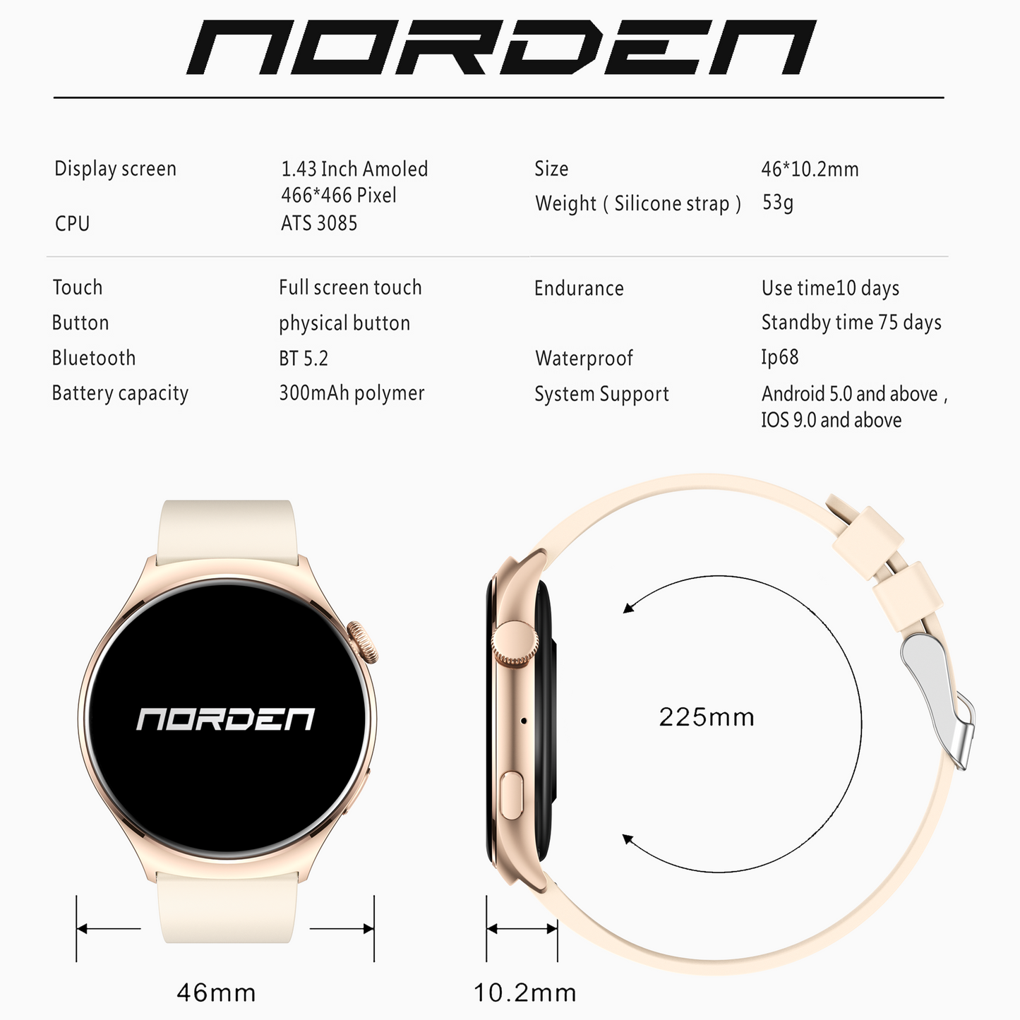 Norden Aspire Smart Watch, 1.43" AMOLED Display, Heart Rate, Oxygen Monitoring, IP68 Waterproof, Bluetooth 5.2, Fitness Tracker with AI Voice Assistant, Music Control, and 7-Day Standby Time - Gold