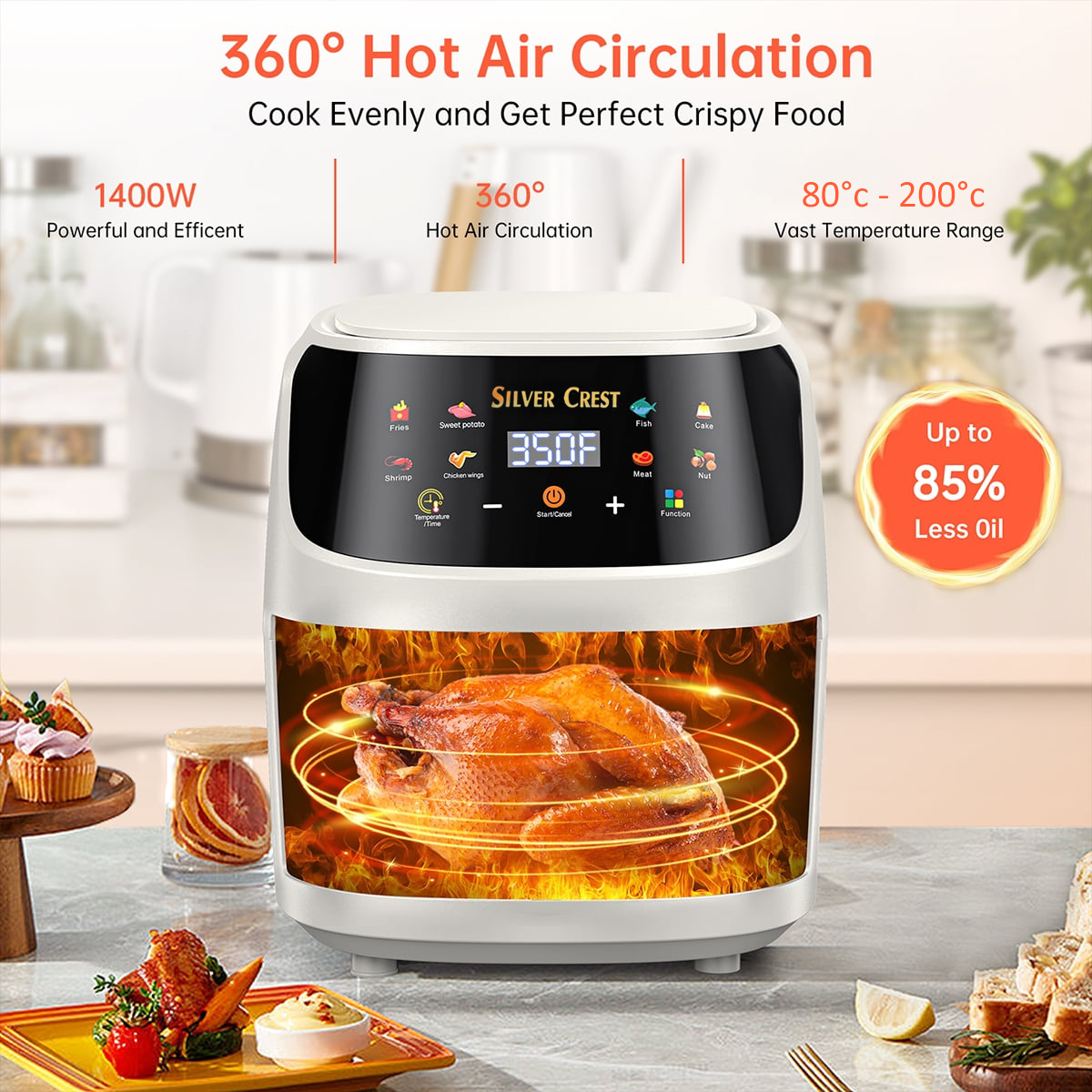Silver Crest Air Fryer – XXL Capacity, Visible Viewing Window, 8 Preset Functions, Non-Stick Basket, 1400W Power, for 3–6 People - Ivory