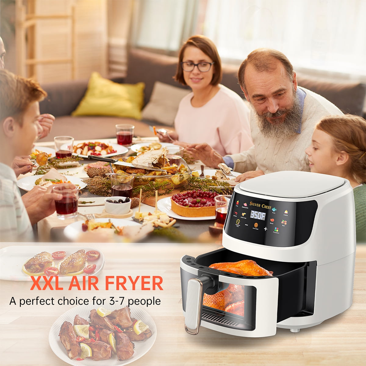 Silver Crest Air Fryer – XXL Capacity, Visible Viewing Window, 8 Preset Functions, Non-Stick Basket, 1400W Power, for 3–6 People - Ivory