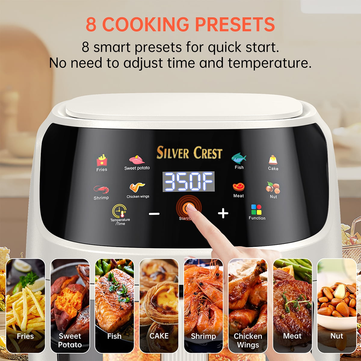 Silver Crest Air Fryer – XXL Capacity, Visible Viewing Window, 8 Preset Functions, Non-Stick Basket, 1400W Power, for 3–6 People - Ivory