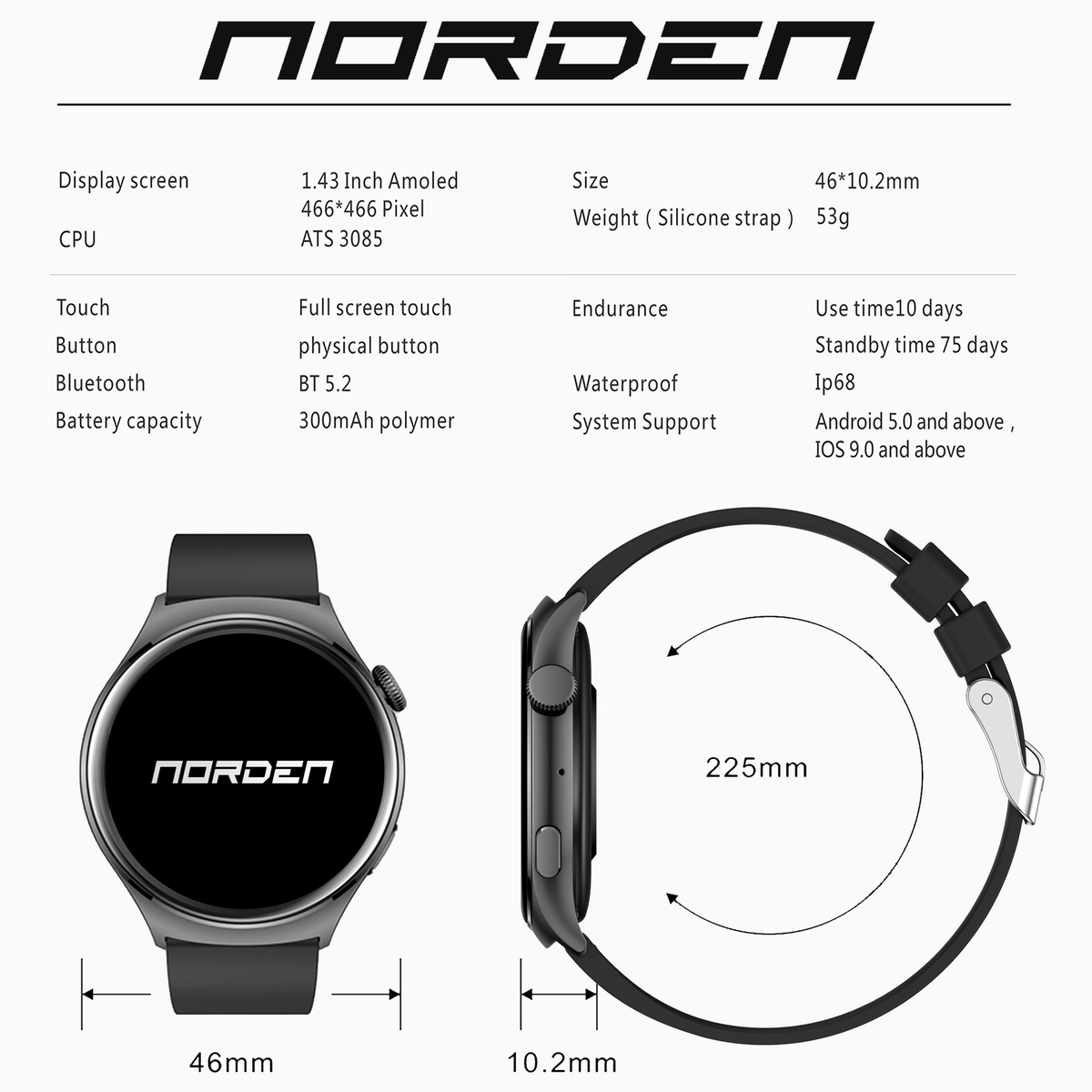 Norden Aspire Smart Watch SI-19, 1.43" AMOLED Display, Heart Rate, Oxygen Monitoring, IP68 Waterproof, Bluetooth 5.2, Fitness Tracker with AI Voice Assistant, Music Control, and 7-Day Standby Time - Black