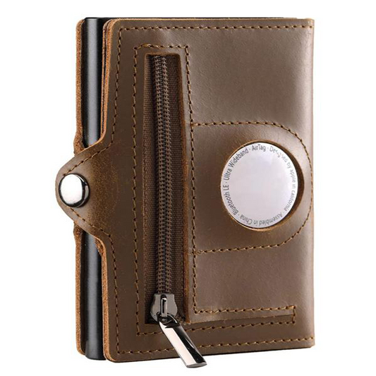 OutGear RFID Airtag Compact Leather Wallet – Slim Pop-Up Card Holder with RFID Blocking, Apple Airtag Slot, Premium Leather, Gift-Boxed for Men, 1.3x7.1x10.2cm - Brown