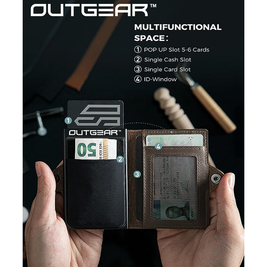 OutGear RFID Airtag Compact Leather Wallet – Slim Pop-Up Card Holder with RFID Blocking, Apple Airtag Slot, Premium Leather, Gift-Boxed for Men, 1.3x7.1x10.2cm - Black