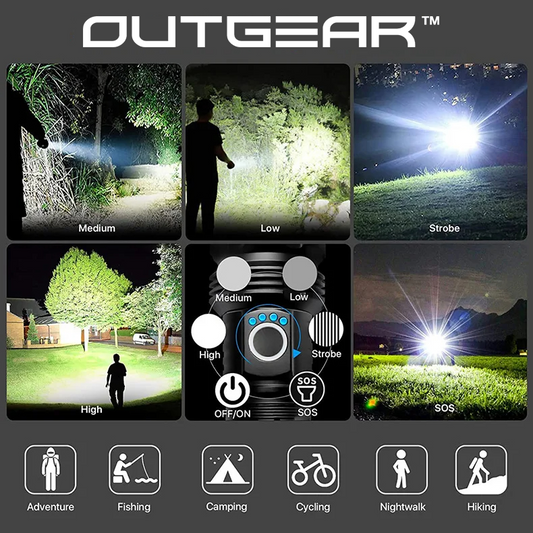OutGear SuperBeam Flashlight Torch - 2000 Lumens, 300m Range, USB Rechargeable