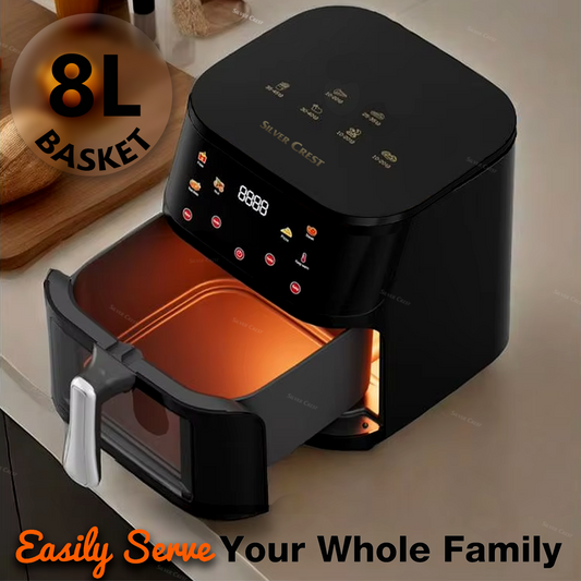 Silver Crest 8L Air Fryer – Smart Visual Window, 6 Cooking Presets, LED Touchscreen, Oil-Free Frying, Energy Efficient, Black