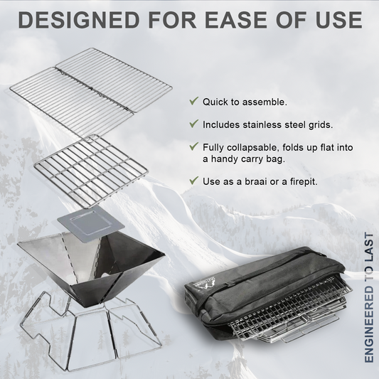 OutGear Foldable Portable Braai & Fire Pit – Stainless Steel, Lightweight BBQ Grill, 31x31cm Cooking Surface, Compact for Camping, Beach, Backyard, Outdoor Cooking – 1.6kg