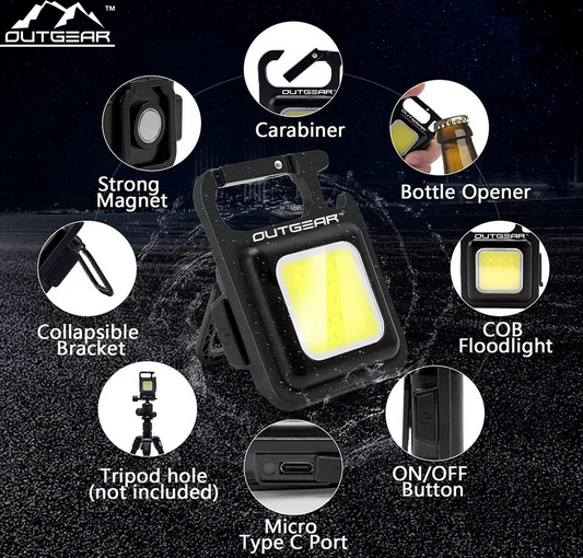 OutGear UtiliBud Keychain COB LED Light – 500 Lumens, USB-C Rechargeable, 4 Light Modes, Magnetic Base, Bottle Opener, Tripod Mountable